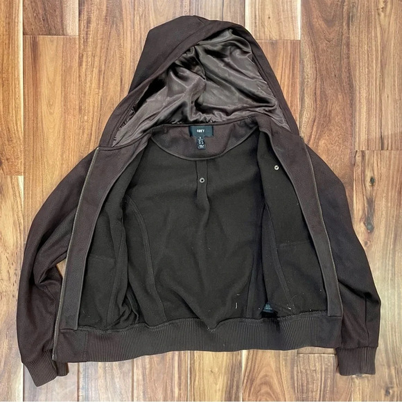 OBEY Rebel Yell Fleece Juniors Brown Faux Cracked Leather Zip Up Hooded Jacket. - Picture 11 of 14